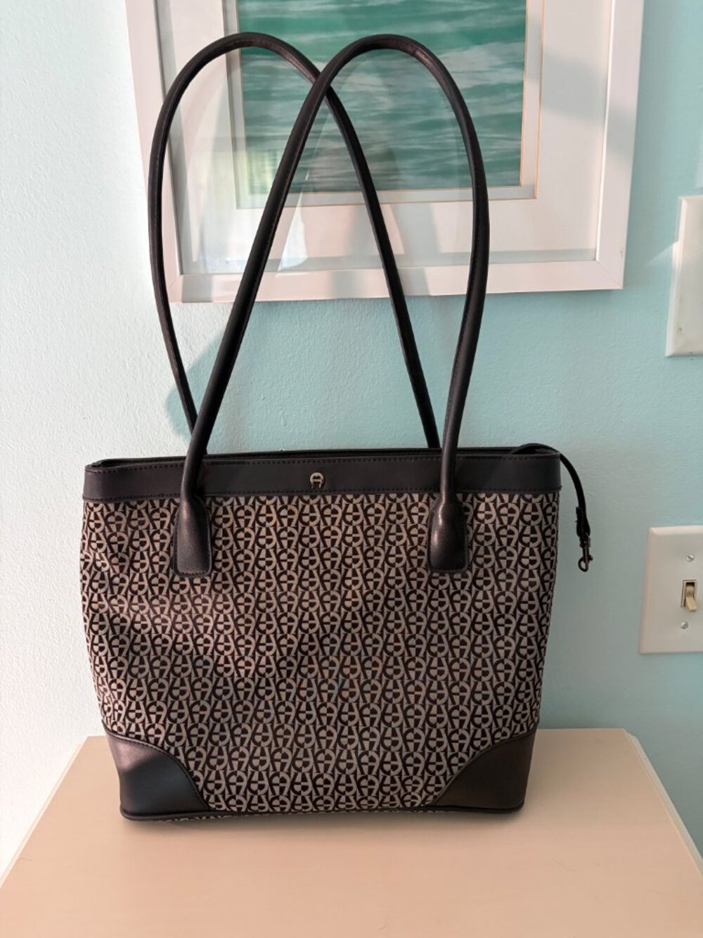 Etienne Aigner Signature Jacquard Monogram Shoulder Tote Bag Black